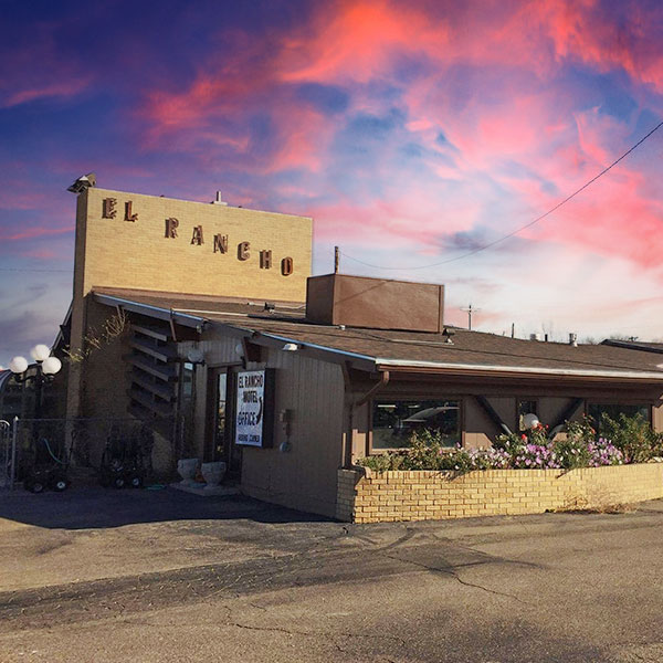 Front of El Rancho Motel at sunset